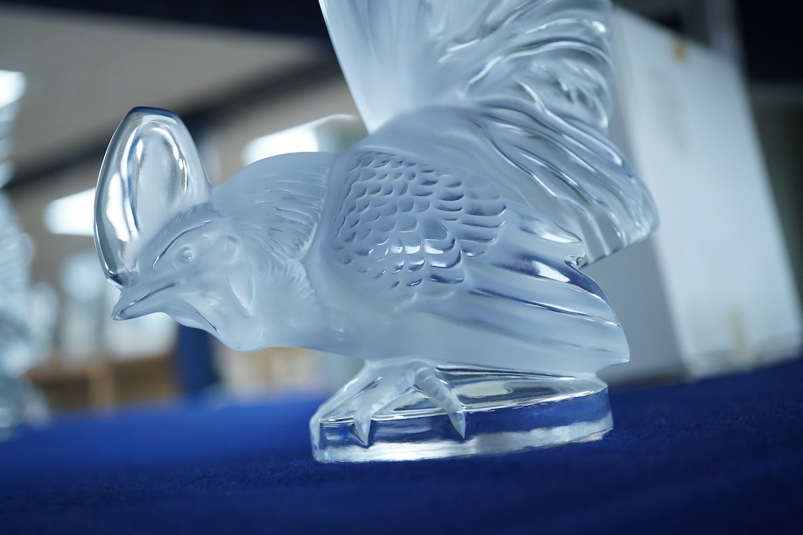 A Lalique cleat and frosted ‘Coq Nain’ (bantam rooster) mascot (boxed), 21cm high x 14cm wide
